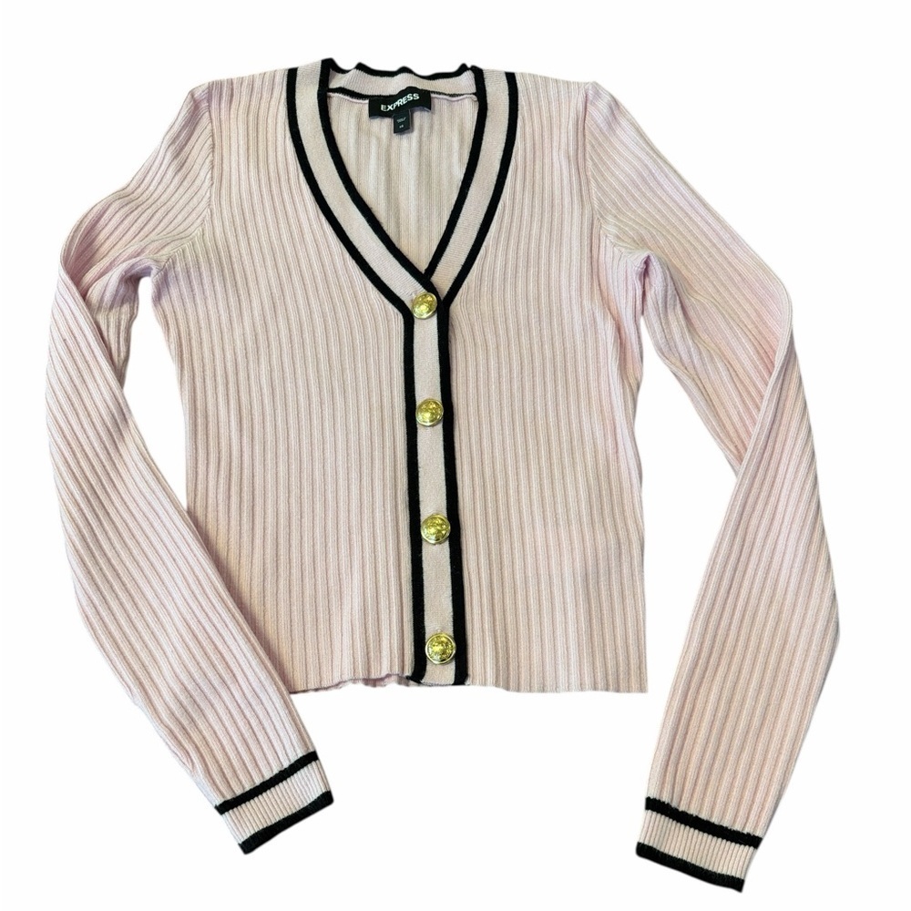 Express Pink Ribbed Cardigan with Black Trim and Gold Buttons. Womens XSmall - Picture 1 of 6